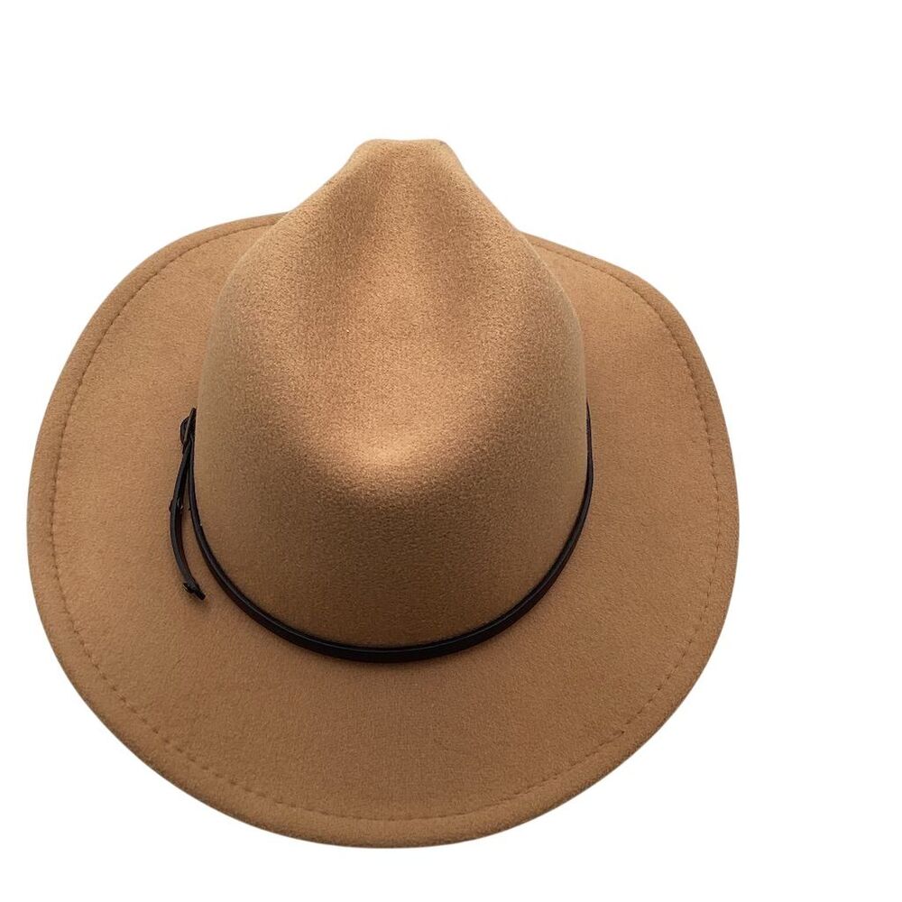 Unisex Brown Wool Felt‎ Fedora Hat with Leather Band